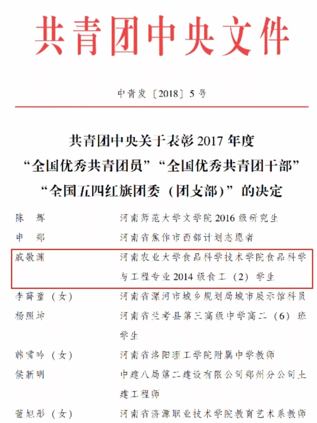 高能青年我校戚敬渊同学荣获2017年度全国优秀共青团员