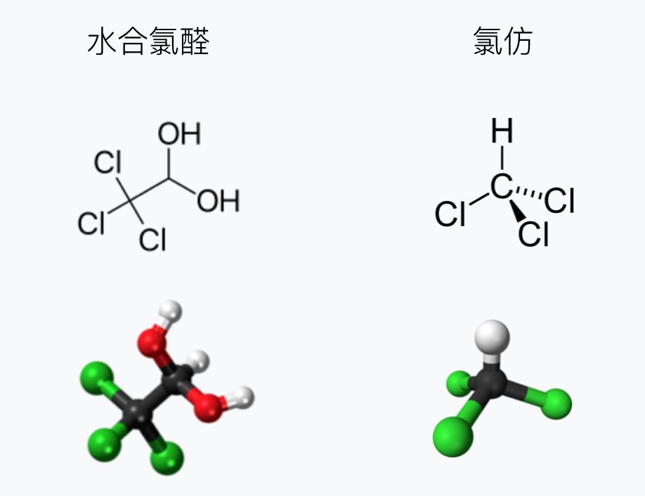 下图是水合氯醛和氯仿的化学结构图,可以看到他们都有相同「三氯」