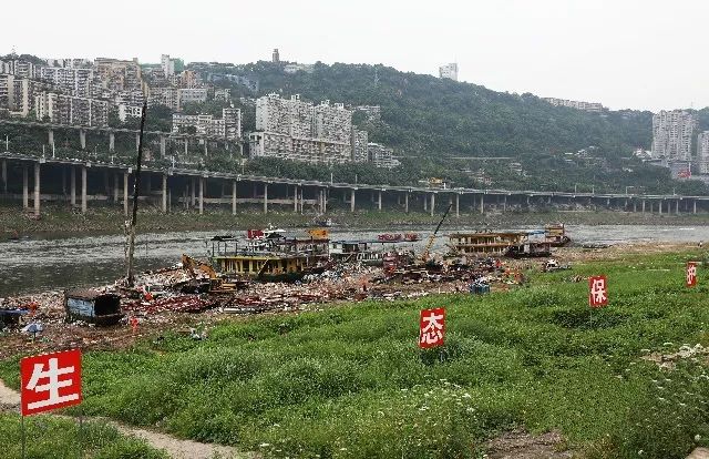 重慶市江北區相國寺嘉陵江邊拍攝的非法餐飲船拆解現場