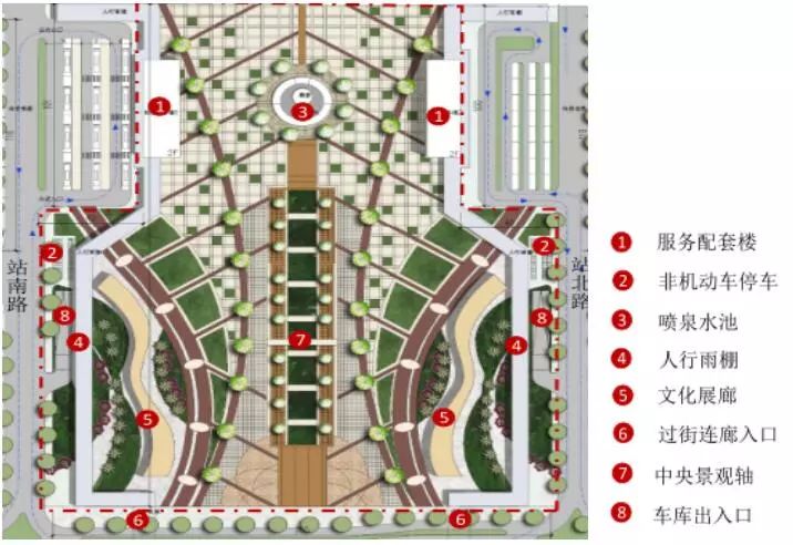 站前綜合片區總平面圖廣場設計:理念源於古代鳳凰圖騰,兩側綠地與景觀