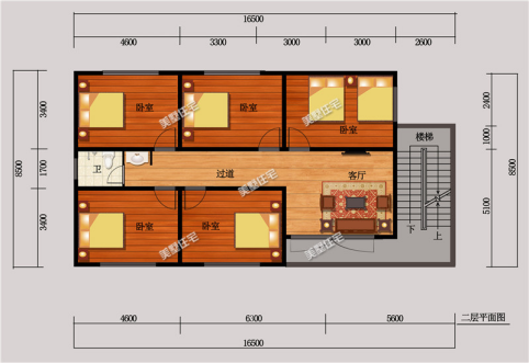 二层平面布局图空间设有;5卧室,客厅,卫生间
