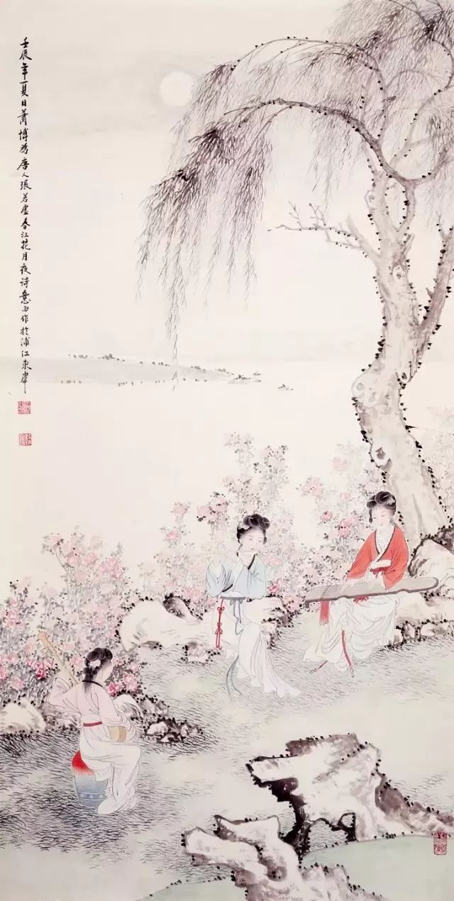 作品從古代女子日常生活場所,動作,身段,面容等精工描繪古代仕女撫琴