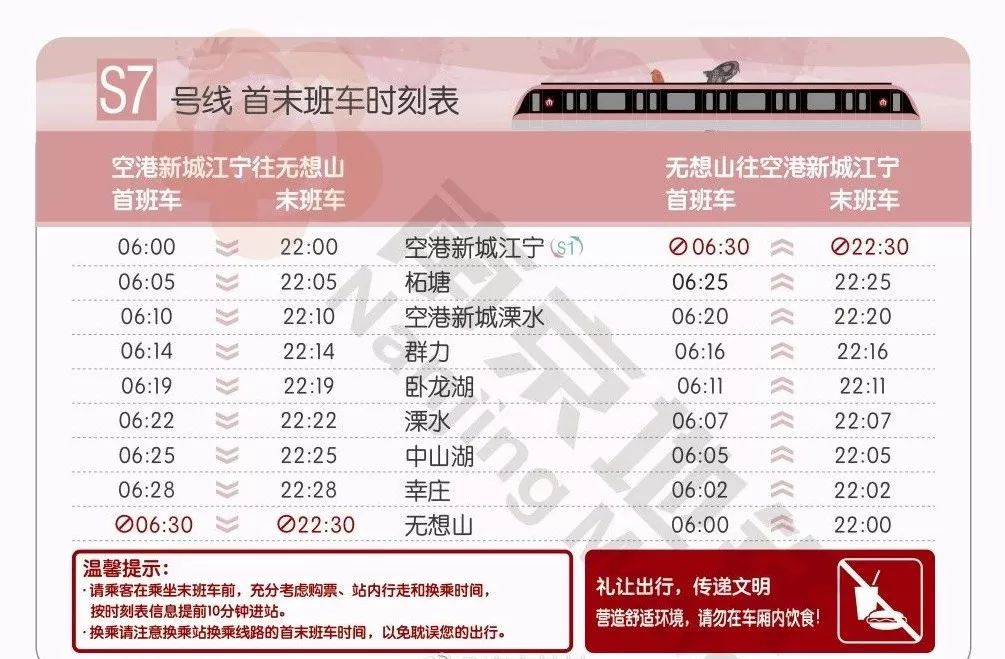 全线行车间隔为14分钟单趟运营时间约30分钟s7运营服务时间为6:00-22