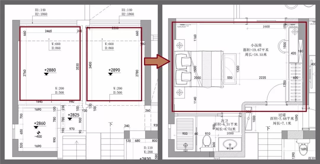设计师曹工布局方案(右边)将两个房间打通,成为一个开阔宽敞的儿童房