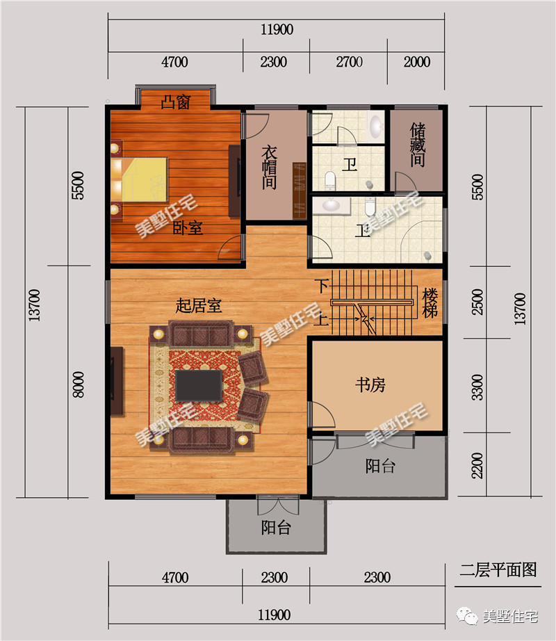 二層設有起居室,臥室(帶衣帽間和獨立衛生間),書房,公共衛生間和陽臺