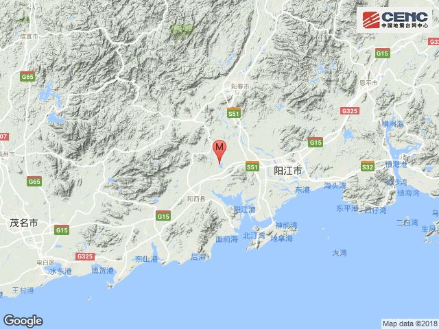 震中地形据中国地震台网正式测定,6月3日8时37分在广东阳江市阳西县