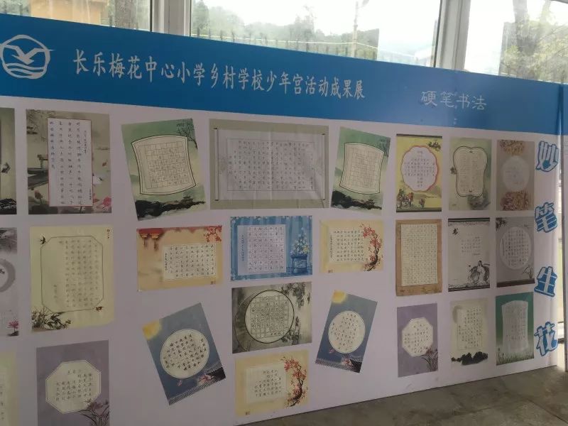 硬笔书法和毛笔书法的展板上张贴着同学们的作品,或是笔画刚劲有力,或