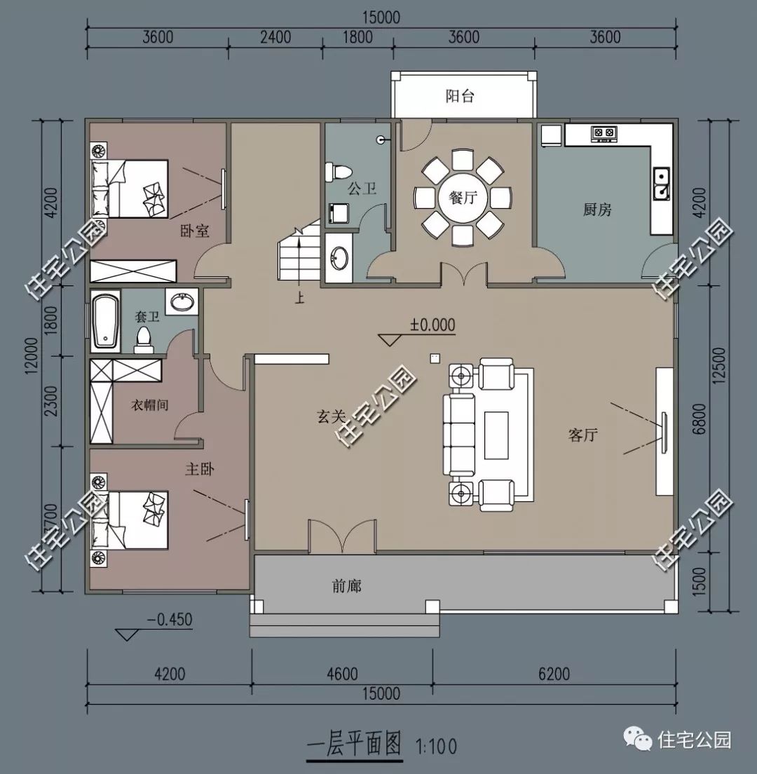 12×15米大客厅 大阳台,实用型阳光别墅