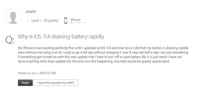 用户反映升级至iOS 11.4后出现重大电池问题