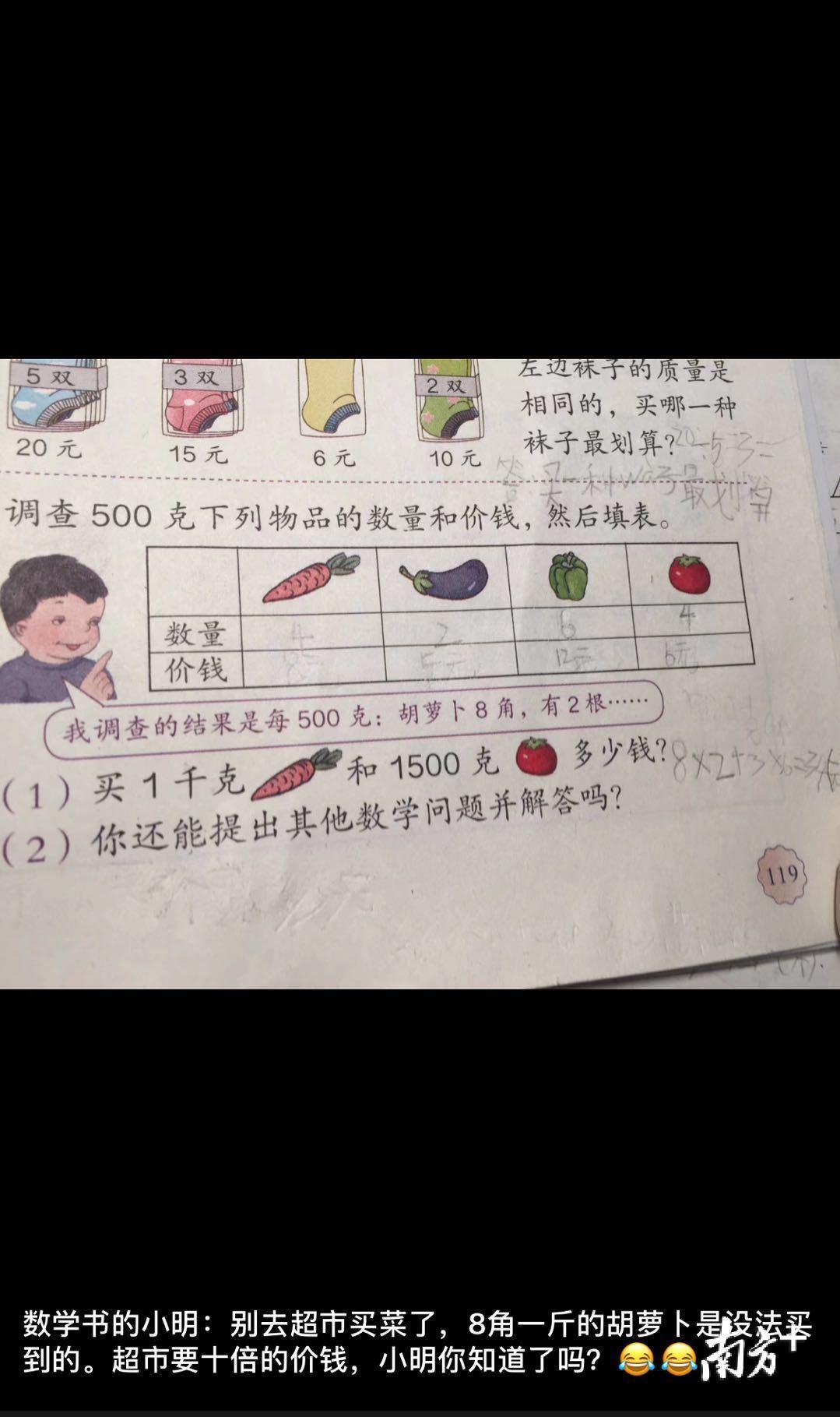 原来课本上有一道数学题,让孩子填各种蔬菜的数量以及价格,叶女士灵机