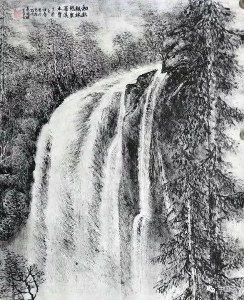 《秋高气爽水长流》图中瀑布已画出画外,使观者想象水从画外远水流来