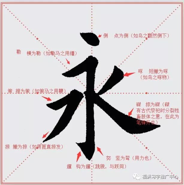 字的八个笔画,代表中国书法中笔画的大体,分别是「侧,勒,努,趯,策,掠