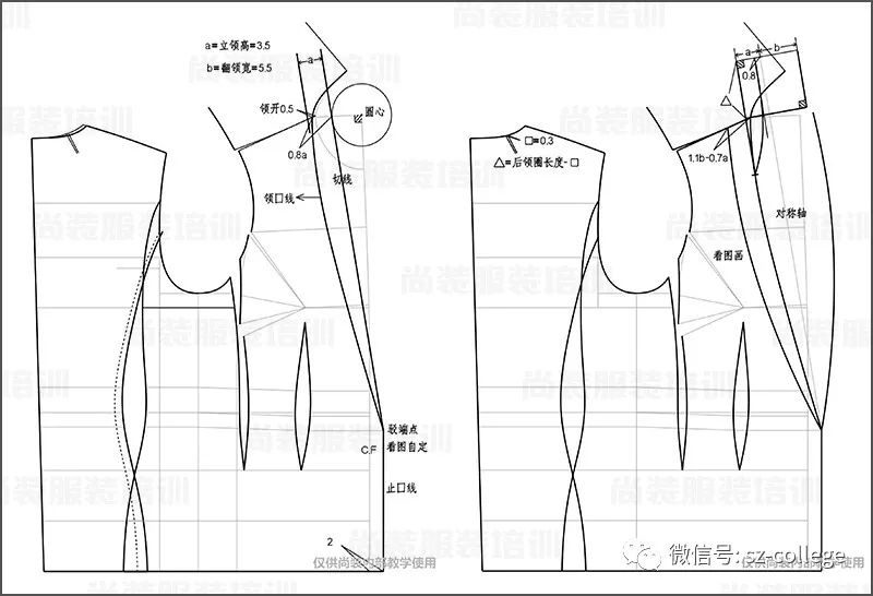 1-根據領子造型確定領子立領高度,翻領高以及領開;參照圖中領子製版