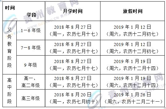 貴州省中小學2018-2019年度放假和開學時間(簡版.收藏)