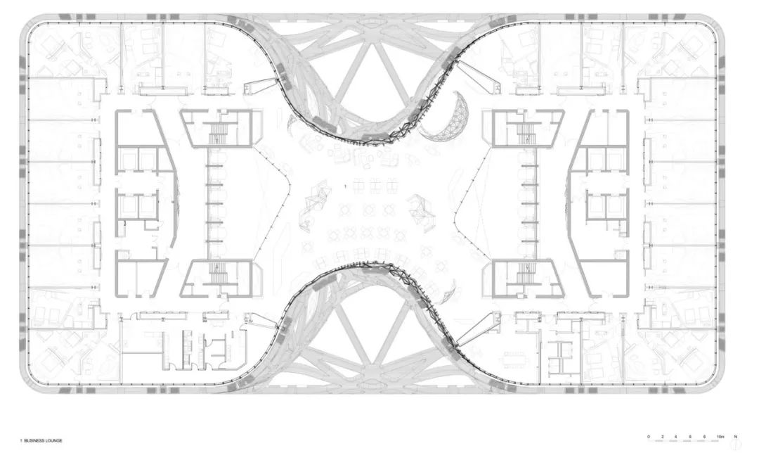 建築外部的網狀結構代替了傳統的柱子和承重牆,讓室內空間更加完整.