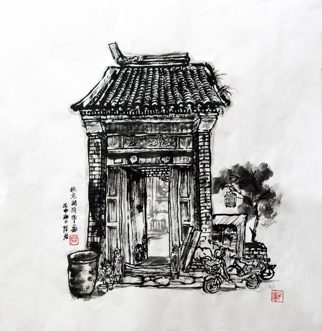 老北京胡同素描图片