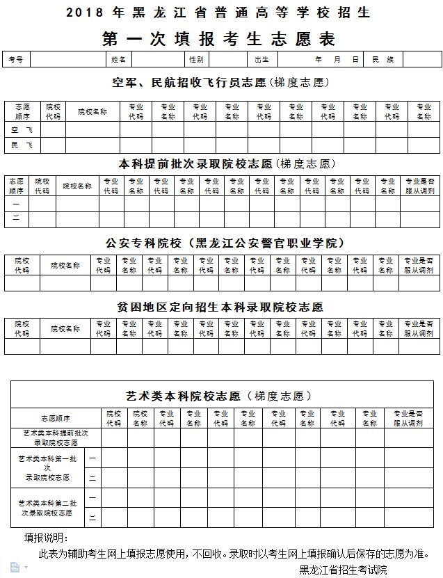 黑龙江高考志愿表样本图片