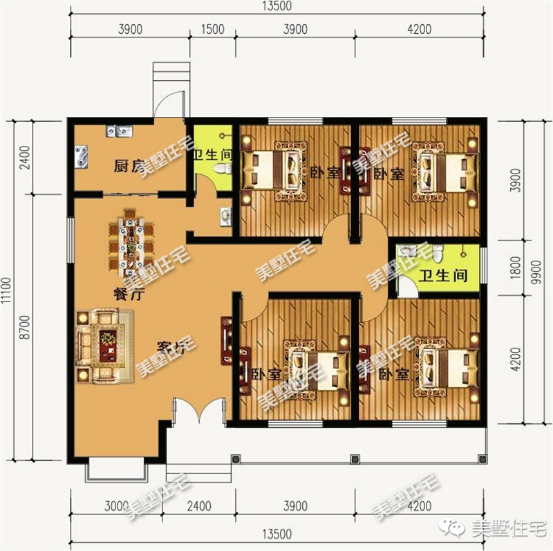 13x10米简欧型农村平房4室2卫1厅格局最是经济实用