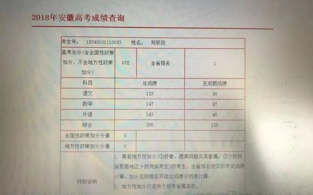 合肥一中铜陵一中2018年安徽高考最高分出炉理科713分文科678分