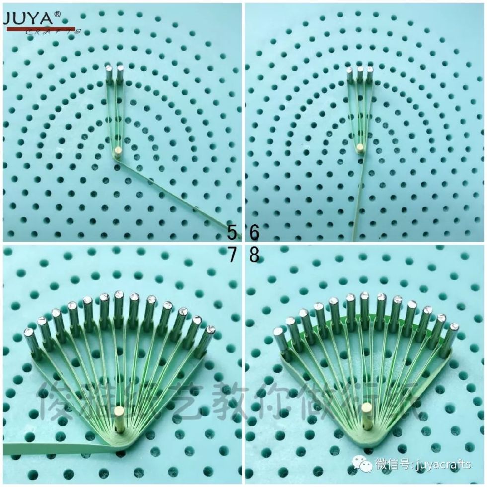 荷叶的做法:用缠绕盘做荷叶造型最方便,取2条浅绿色衍纸,首尾粘贴后