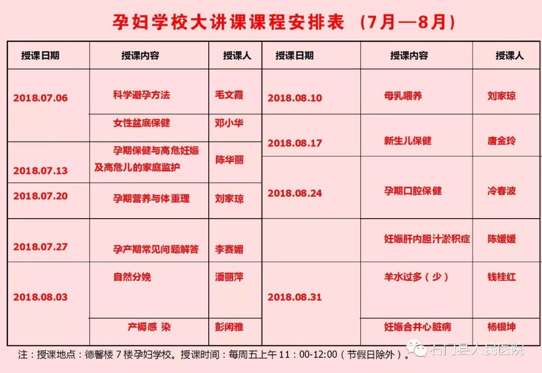 记住时间:石门县人民医院7,8月孕妇学校课程表出炉!