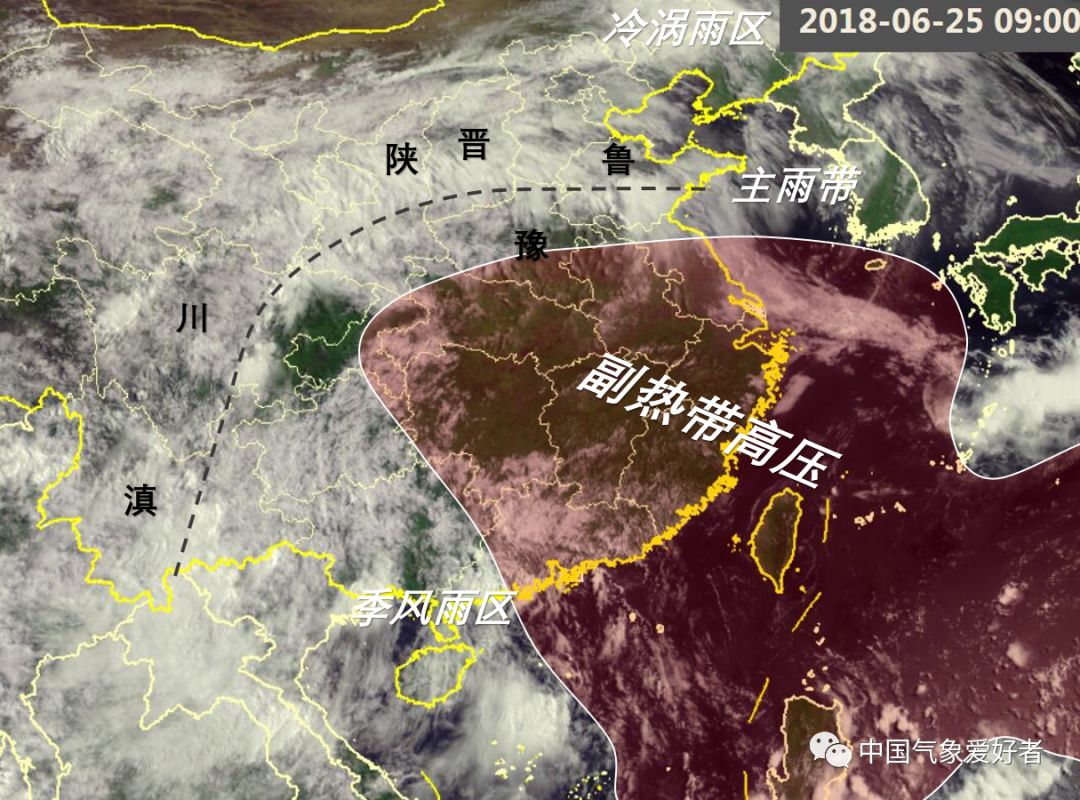 6月25日上午副高和雨帶位置示意圖,底圖為風雲4號衛星雲圖,中氣愛標註