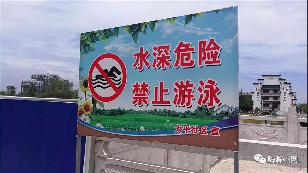 现场河边多处设有"禁止游泳"警示牌