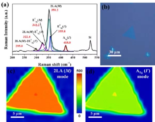 (c)(d)三角形ws2样品的2la和a1g振动峰的拉曼mapping照片