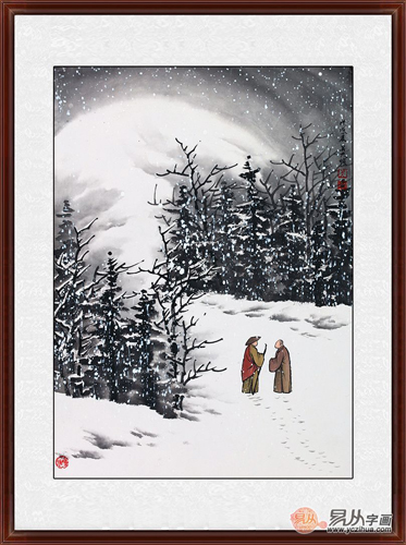 当代名家吴大恺雪景山水画《雪中温情》