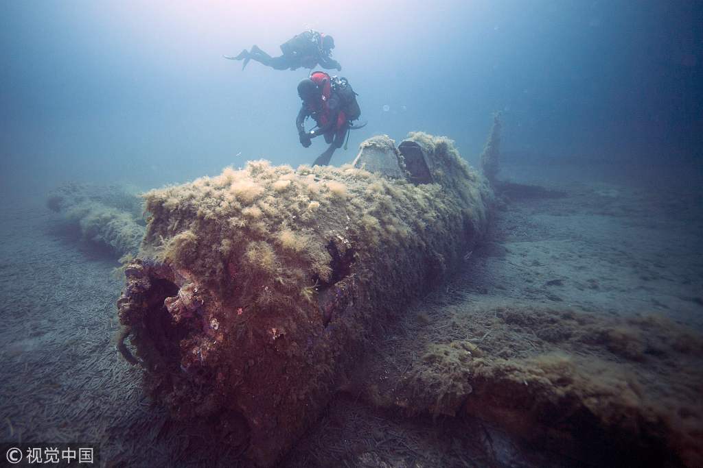 海底飞机残骸里的人骨图片
