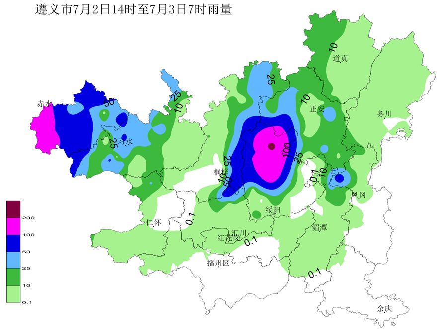 7月2日14时～3日7时,全市共出现1站特大暴雨(绥阳县1站:青杠塘镇228)