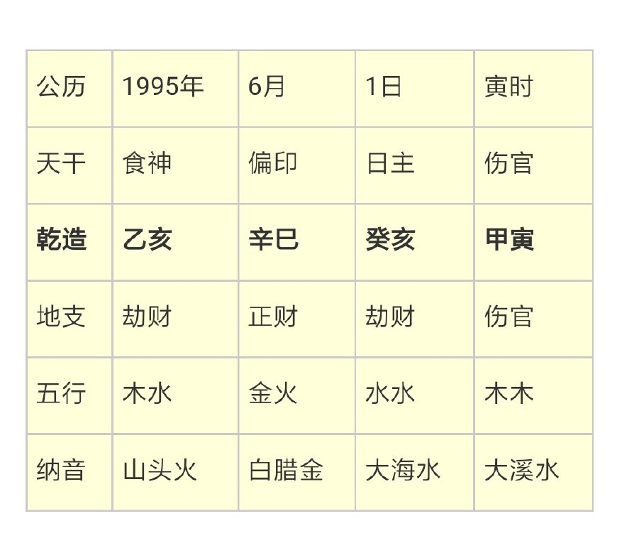 公历1995年6月1日4:00-4:59时出生的人八字测算简析