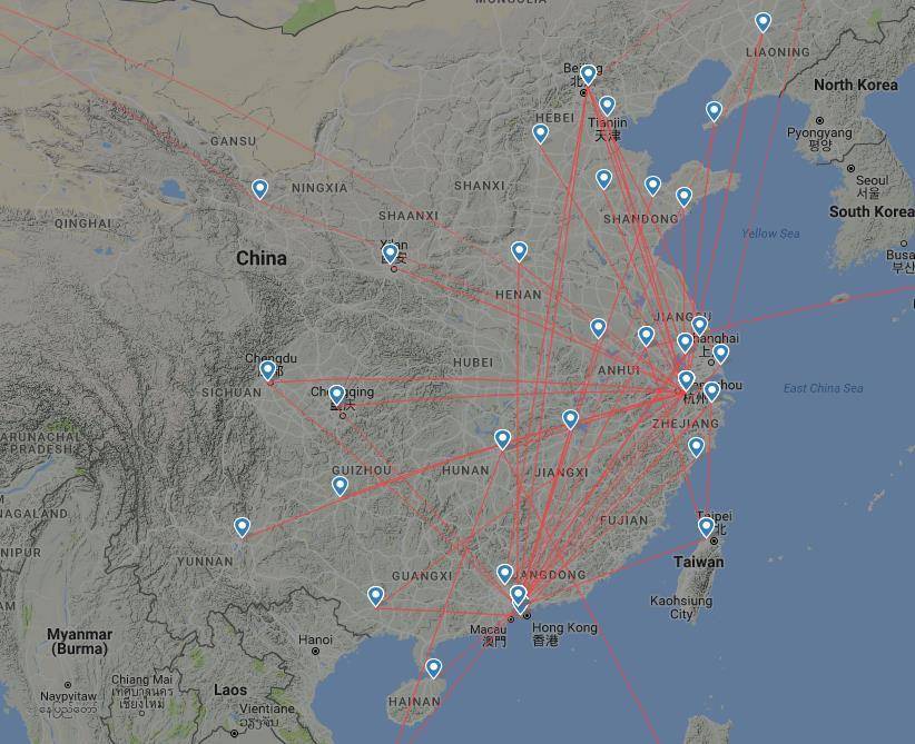 順豐空運網絡主要航線圖(可以看到杭州和深圳的航線最為密集)