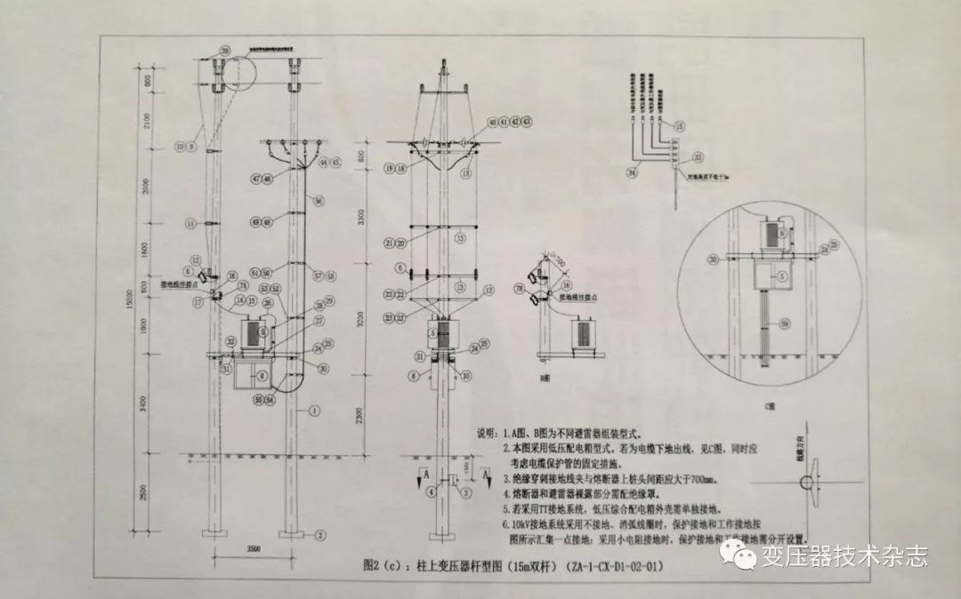 常用电杆为12米,15米非预应力混泥土杆,变压器安装方式为侧装,高压