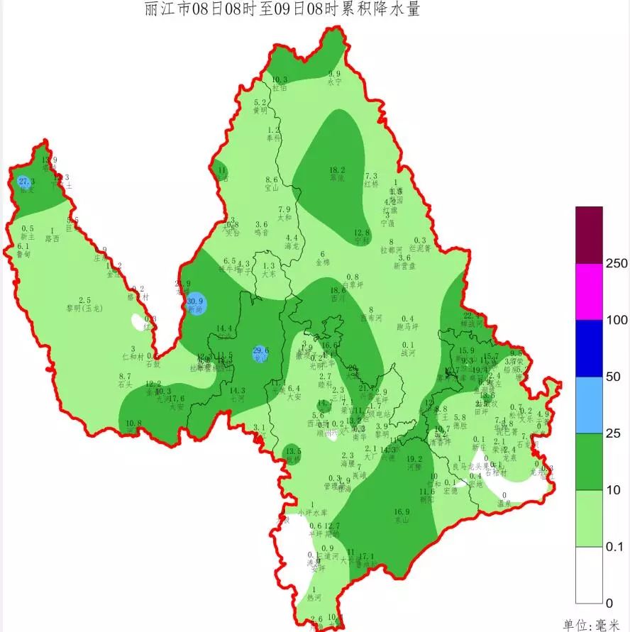 昨天到今晨玉龙县中西部和古城区局地降大雨