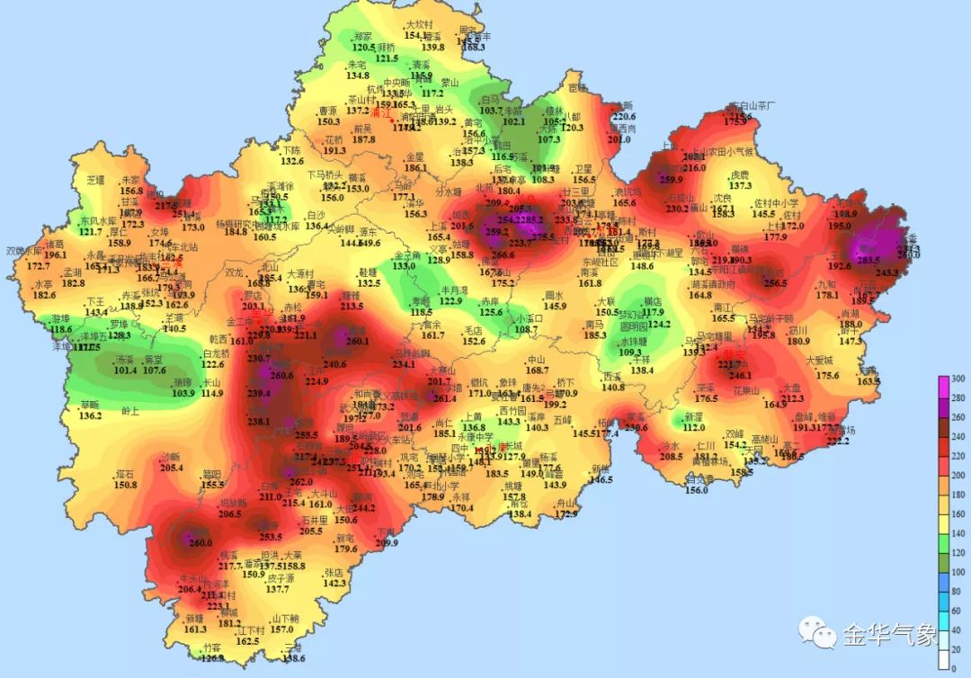 8毫米,婺城區166.7毫米,永康市165.4毫米,蘭溪市159.6毫米