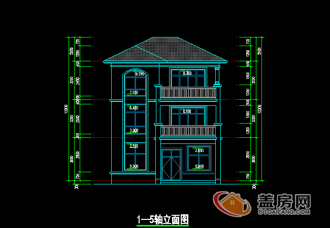 二層平面圖,三層平面圖,屋頂平面圖,門窗表,門窗大樣圖,1-5軸立面圖,d