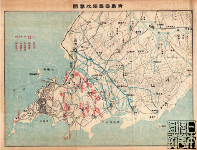 1/ 12 日本大阪每日新闻社绘制的《胶州湾攻围战局详图》以及《胶州湾