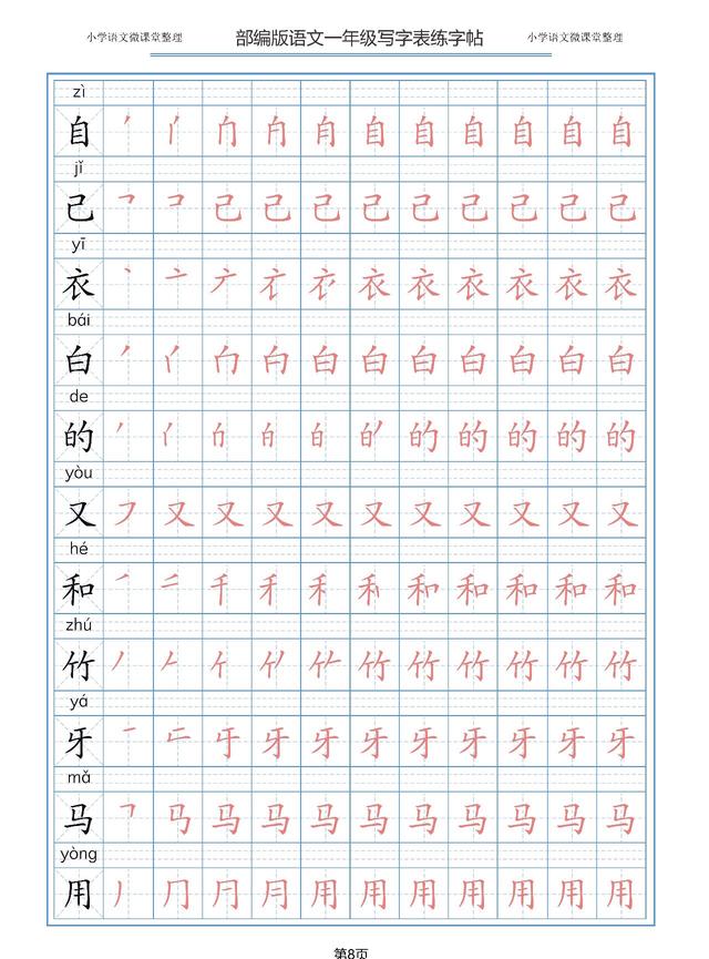 部编版语文一二三年级上册写字表描红字帖天天练第8天