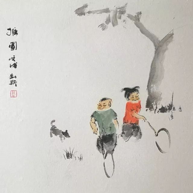 刘新《野趣 52x50cm 纸本设色 2018"抓迷藏"看电影"荡秋千"