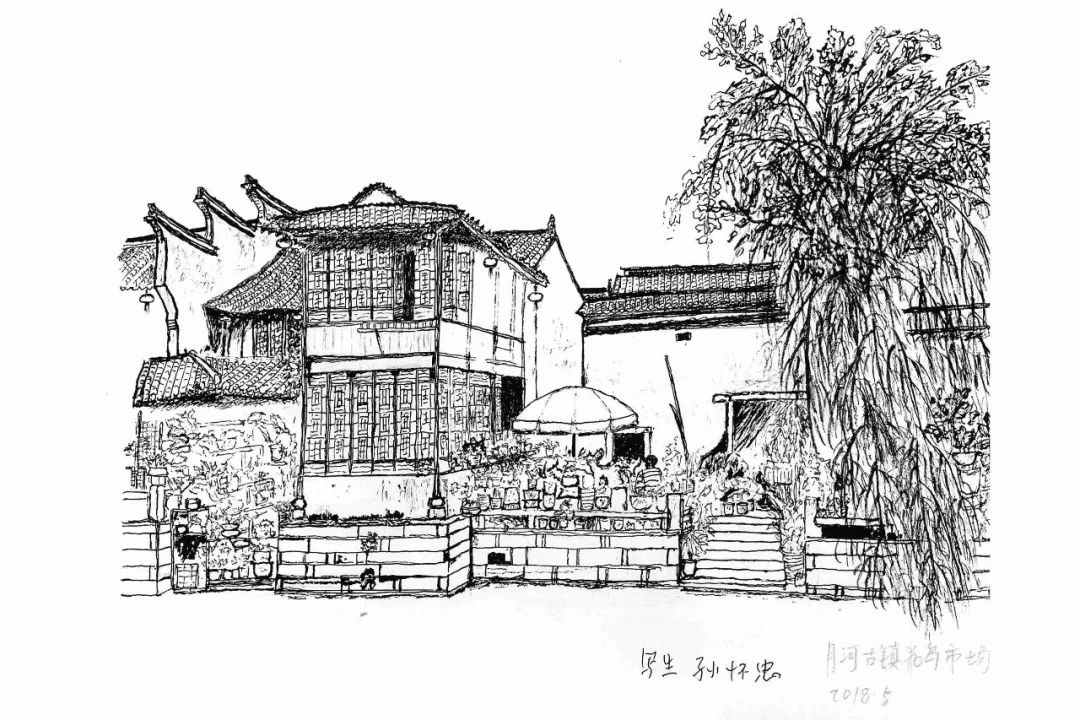 嘉兴南湖手绘风景图图片