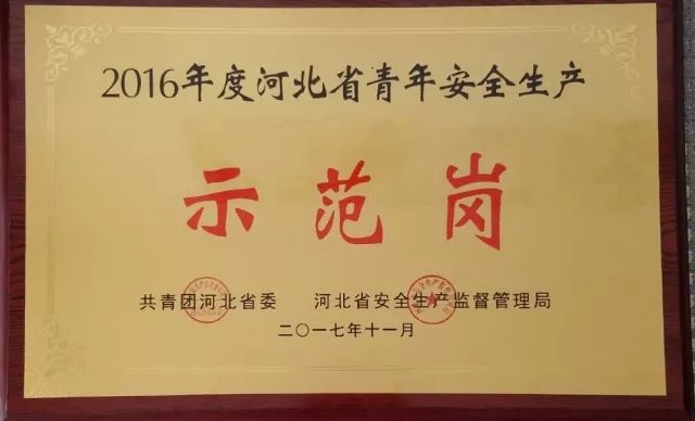 河北省安全生产监督管理局认定为"2016年度河北省青年安全生产示范岗"