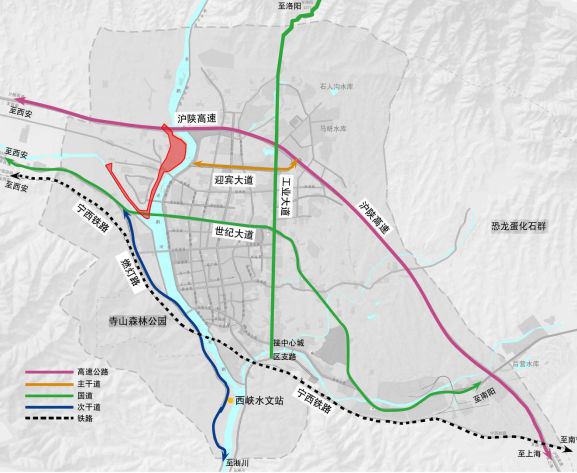 省西峡县中心城区,南起世纪大道桥(包括规划城市客厅广场及升龙桥),沿