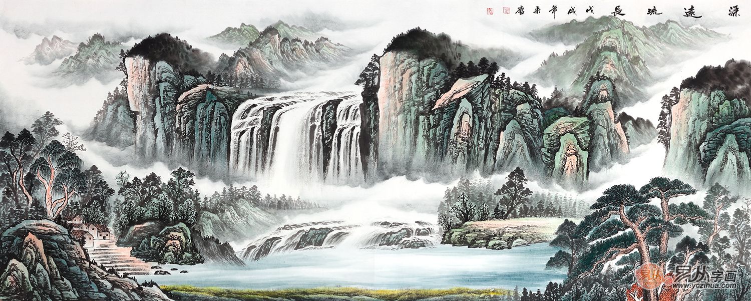 聚宝盆流水生财宋唐青绿山水画《源远流长》