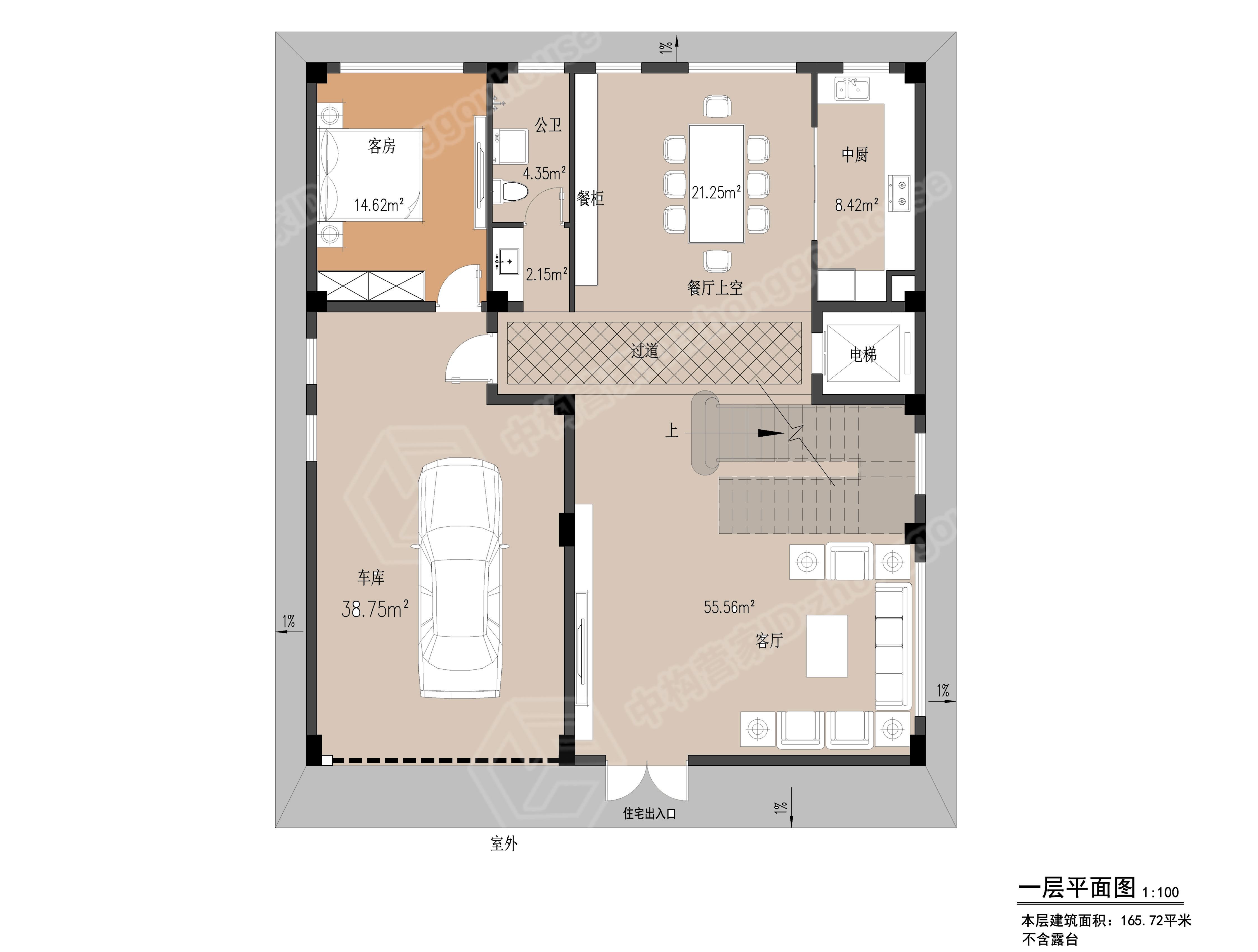 别墅特点:带电梯,每层可独立,大露台