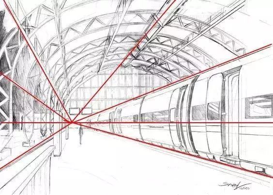 火車站,拱頂長建築也通常用單點透視表現空間.