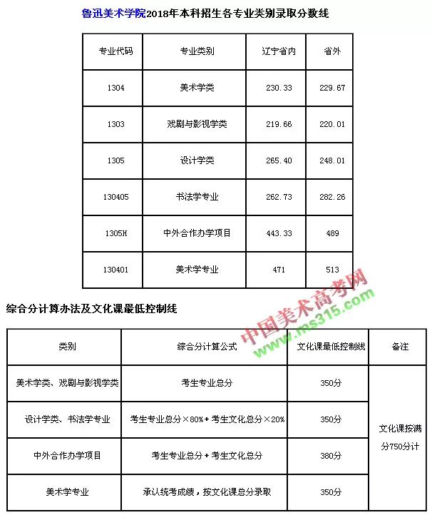 鲁迅美术学院分数线图片