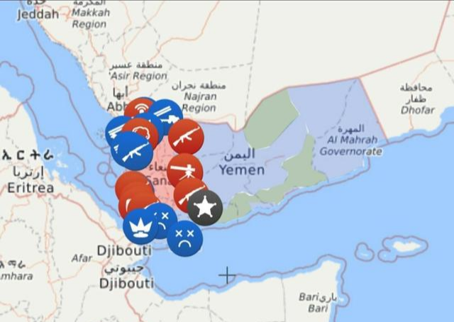 map,蓝色为哈迪政府控制区,绿色为南方过渡委,红色为胡塞武装)除了