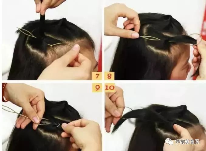 step 2第一步:自然色的短发波波头向后梳理,从发顶取出少量的发丝扎成