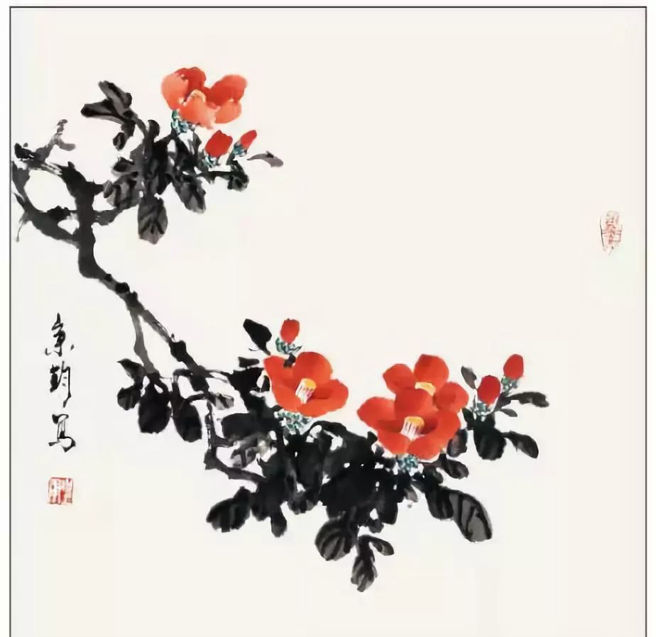 国画写意茶花作品题字图片